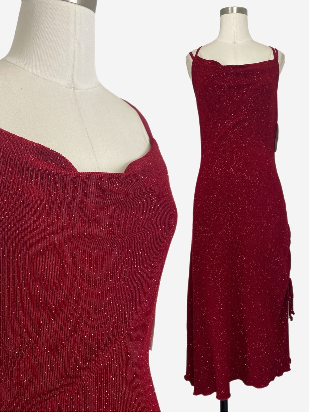 Vintage Y2K CDC NWT red glitter cowl neck ruched midi dress holiday formal S